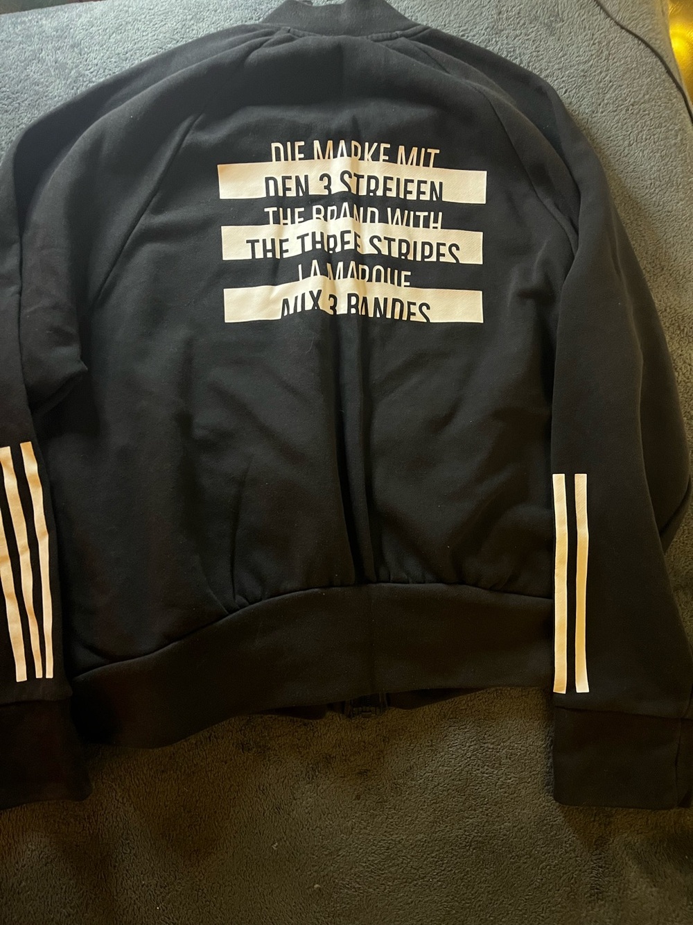 adidas Black zip up warm up jacket with White Block Text L